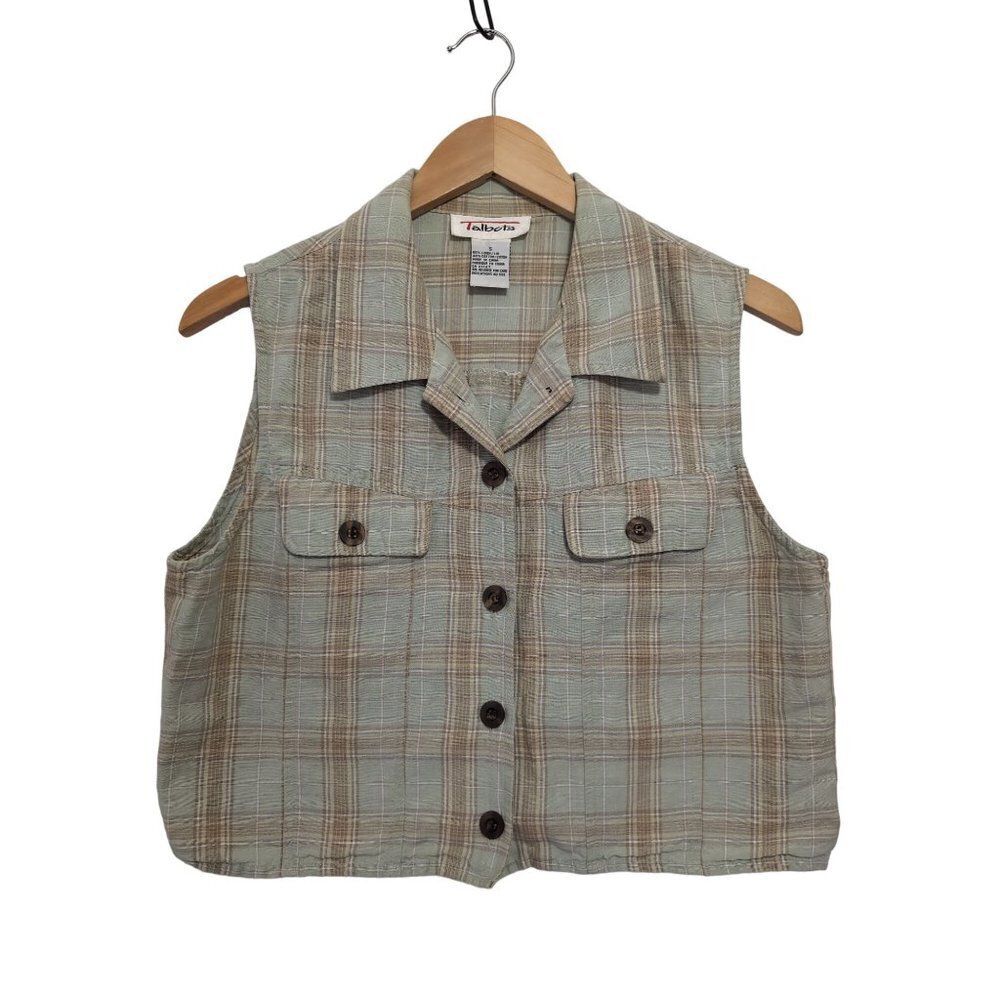 Talbots Vest Top Womens S Green Brown Plaid Linen Blend Sleeveless Button Front‎